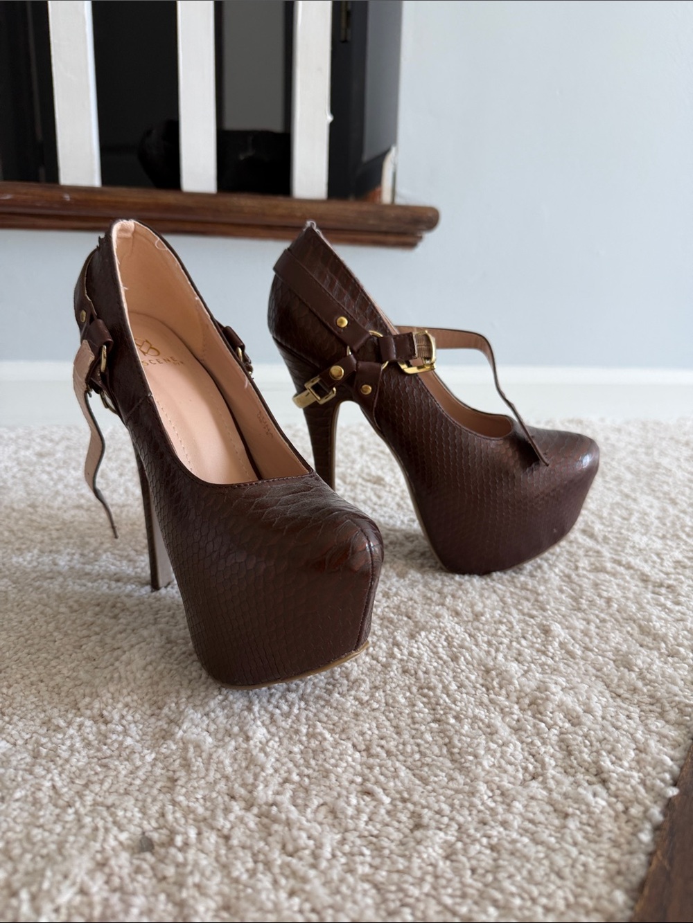 Scene Weaver Brown T-Strap Platform High Heels